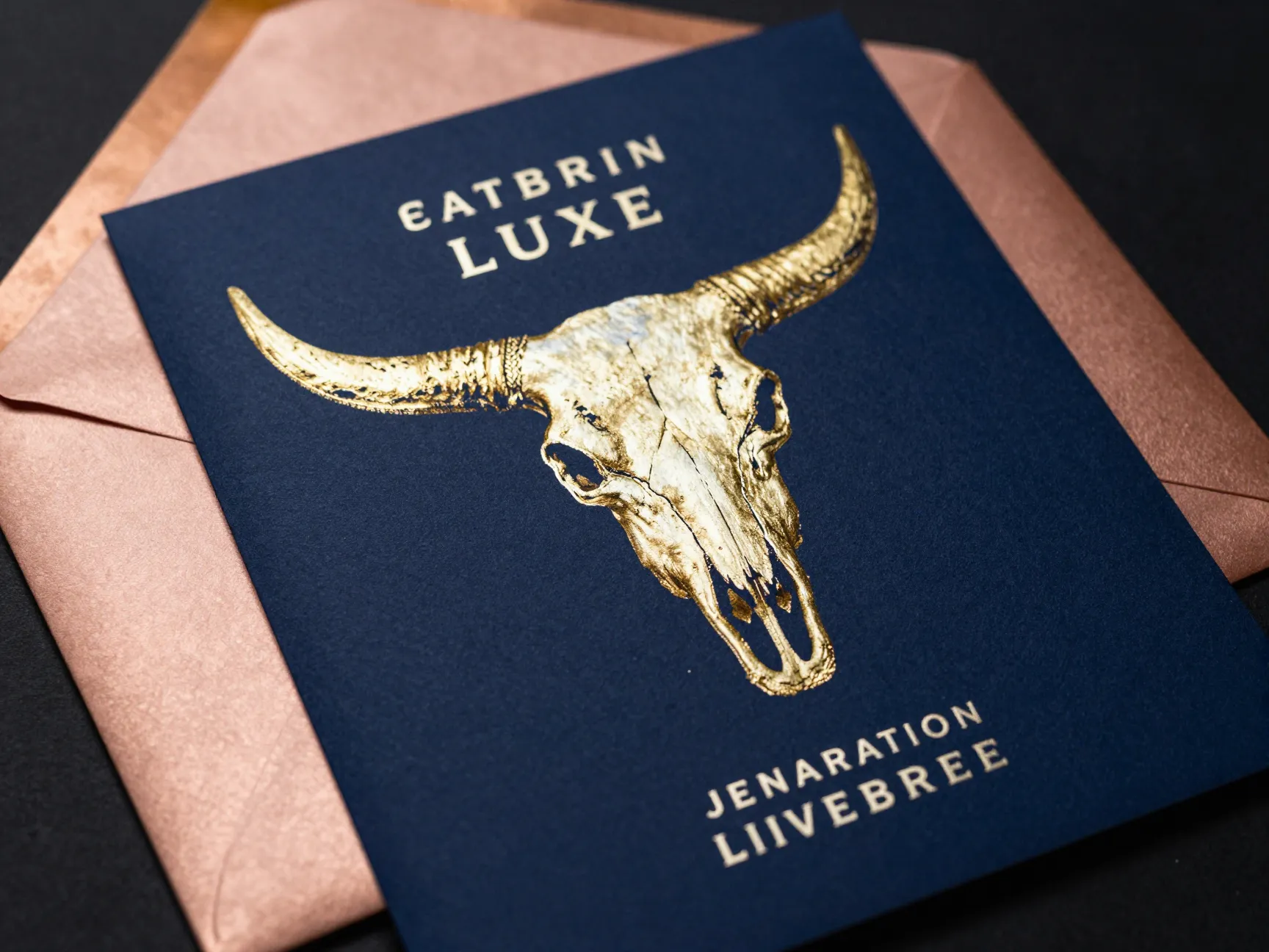 Luxe foil stamped longhorn suite gold copper metallic deep navy cardstock
