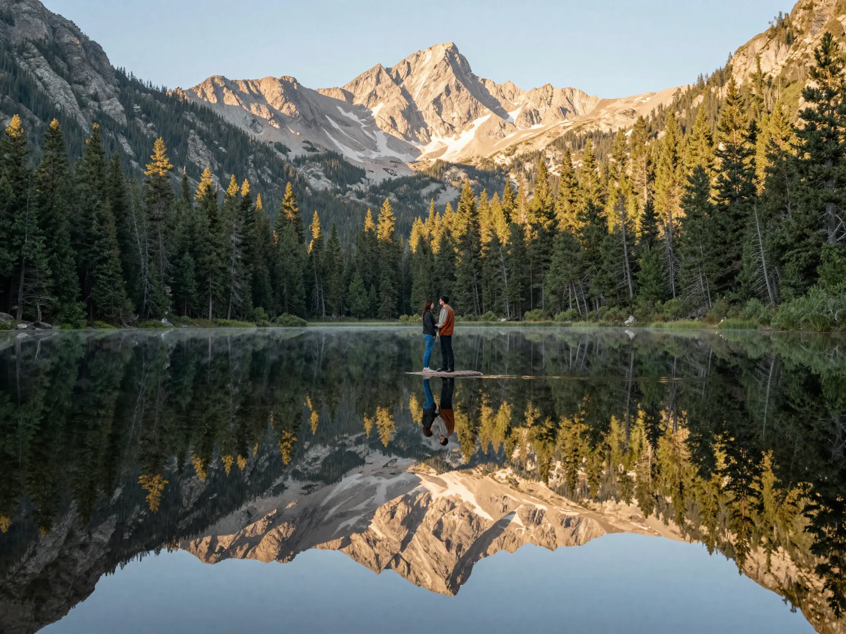 Mirror lake alpine reflection couple pine forests