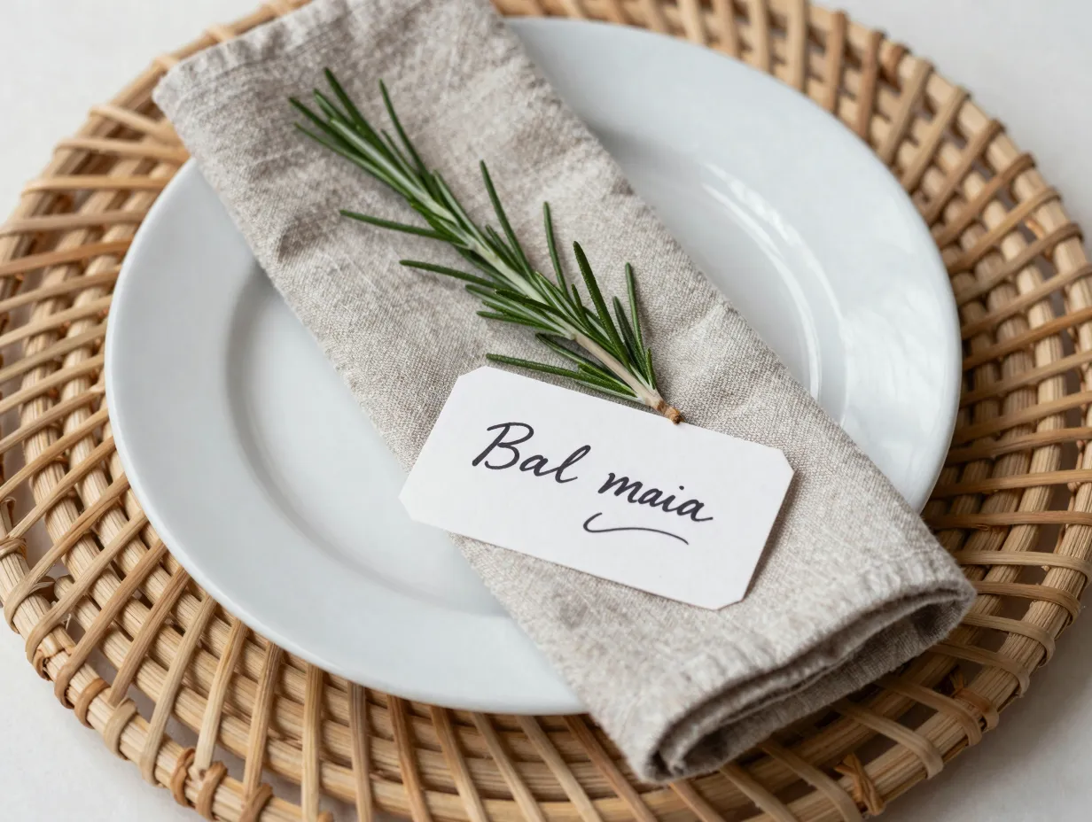 Statement rattan charger plate with linen napkin and greenery sprig