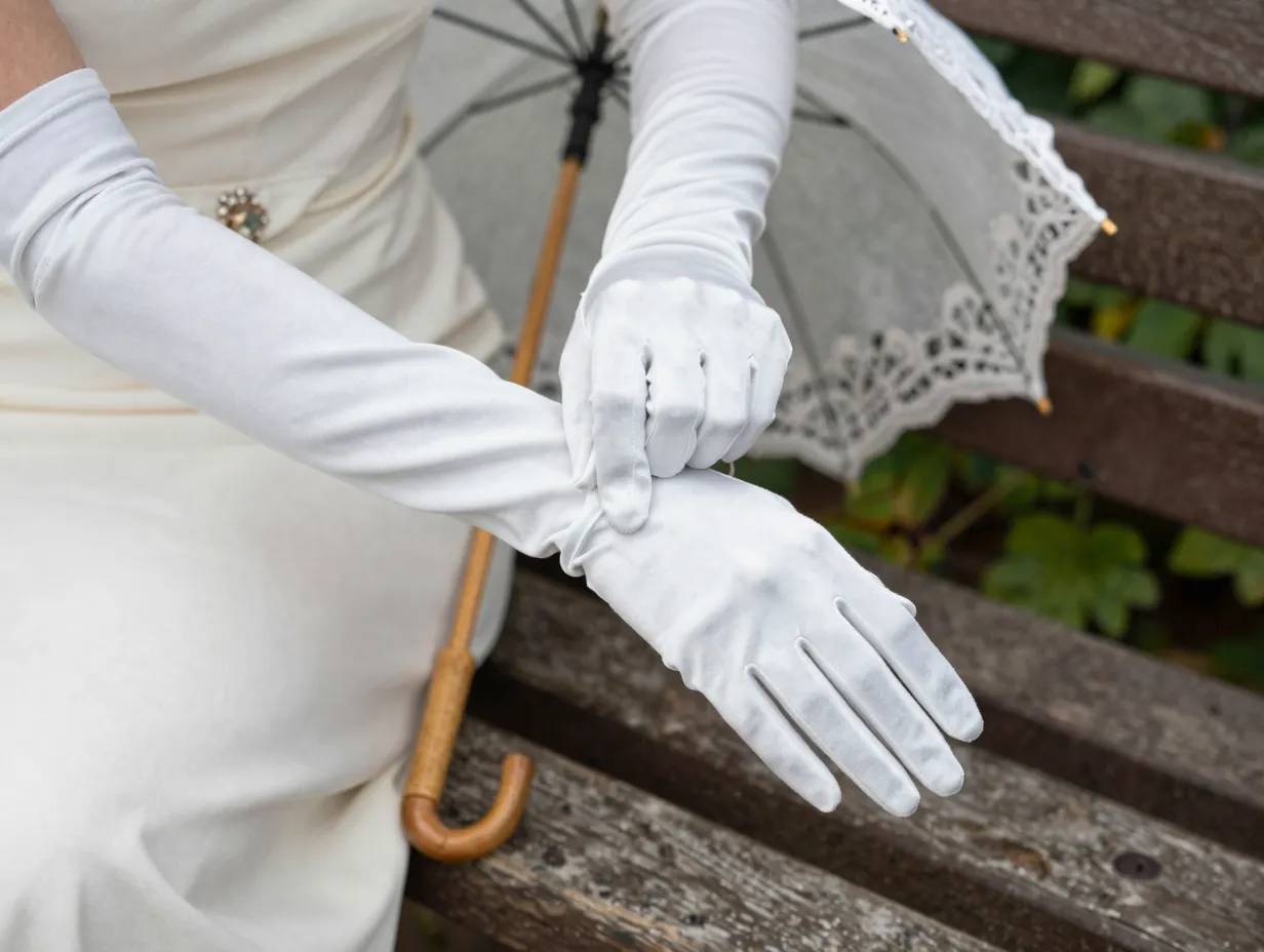 A woman adjusting her vintage elbow length gloves near a parasol