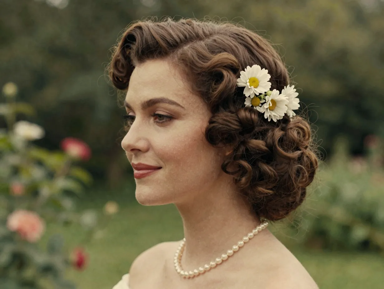 A woman with soft pinned curls hairstyle in a vintage garden