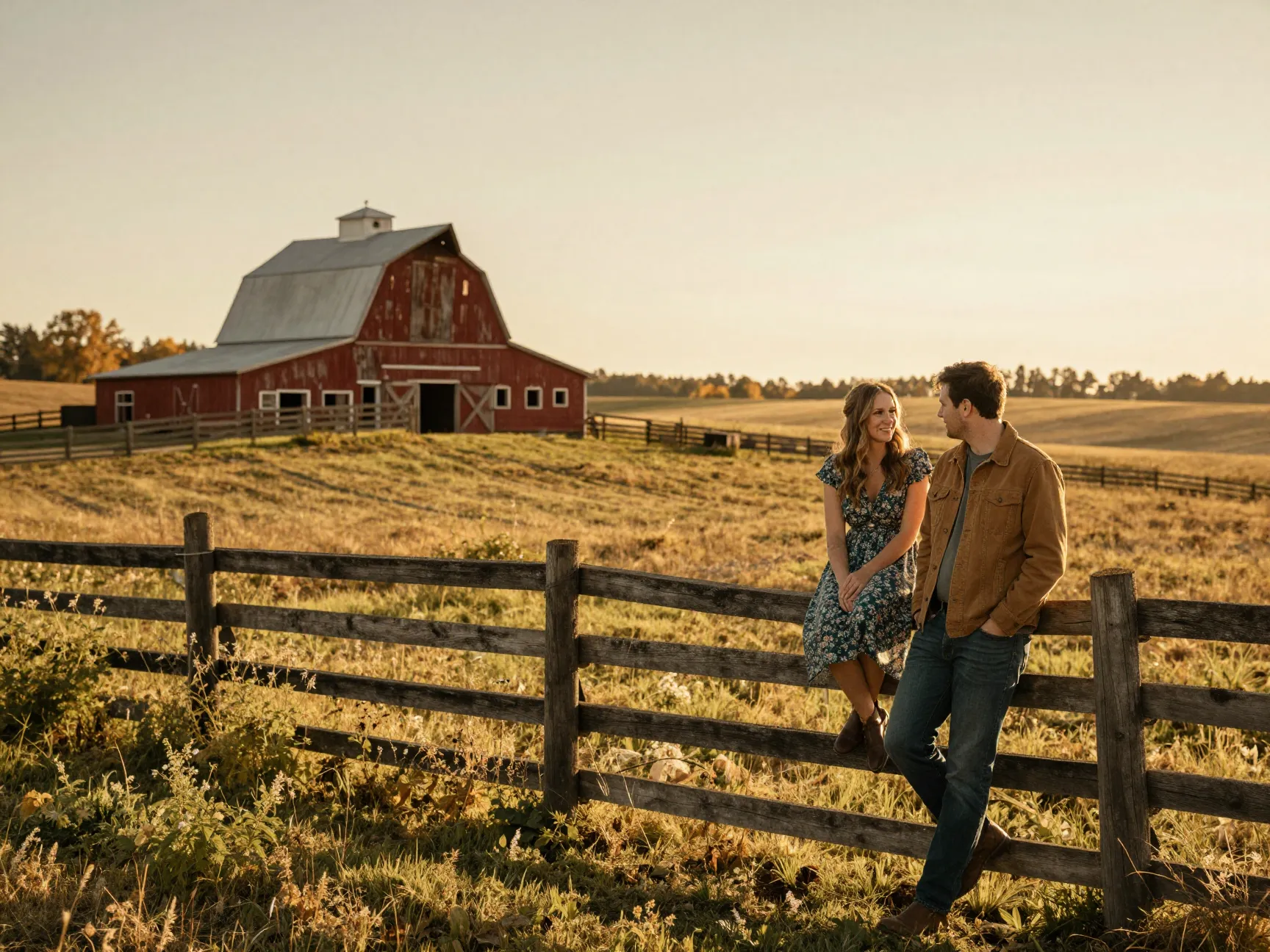 A couple sitting on a split rail fence at a rustic farm