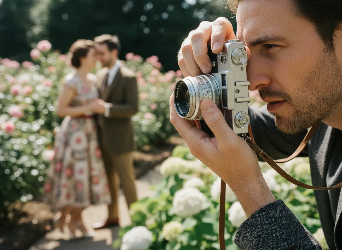 A photographer using a vintage film camera during a couples session