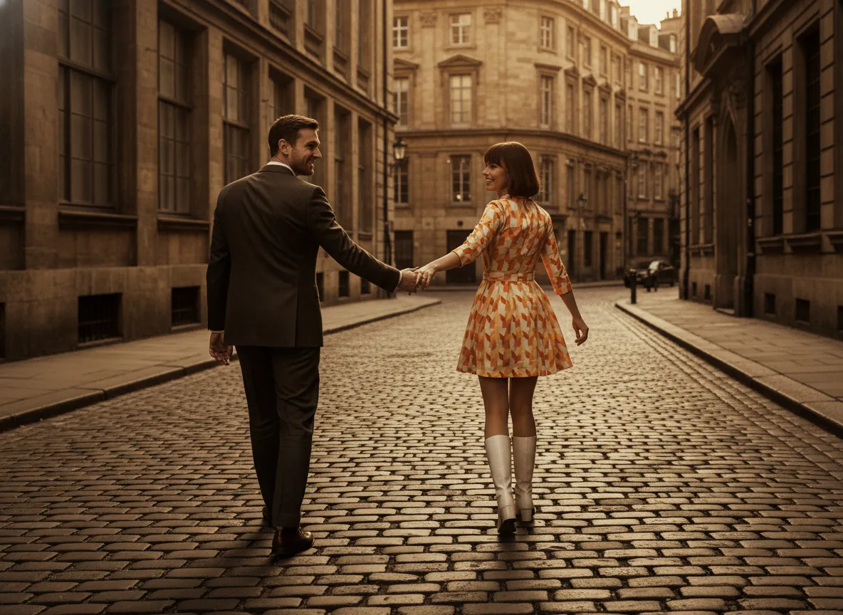 A couple in a dynamic backward glance pose on a cobblestone street
