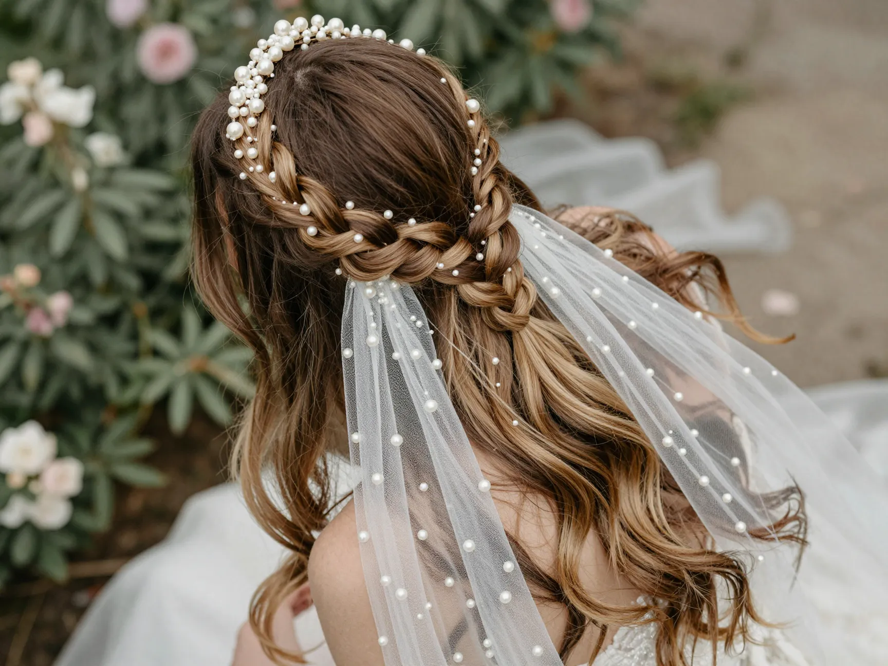 Braided crown with flowing hair and pearl embellished veil