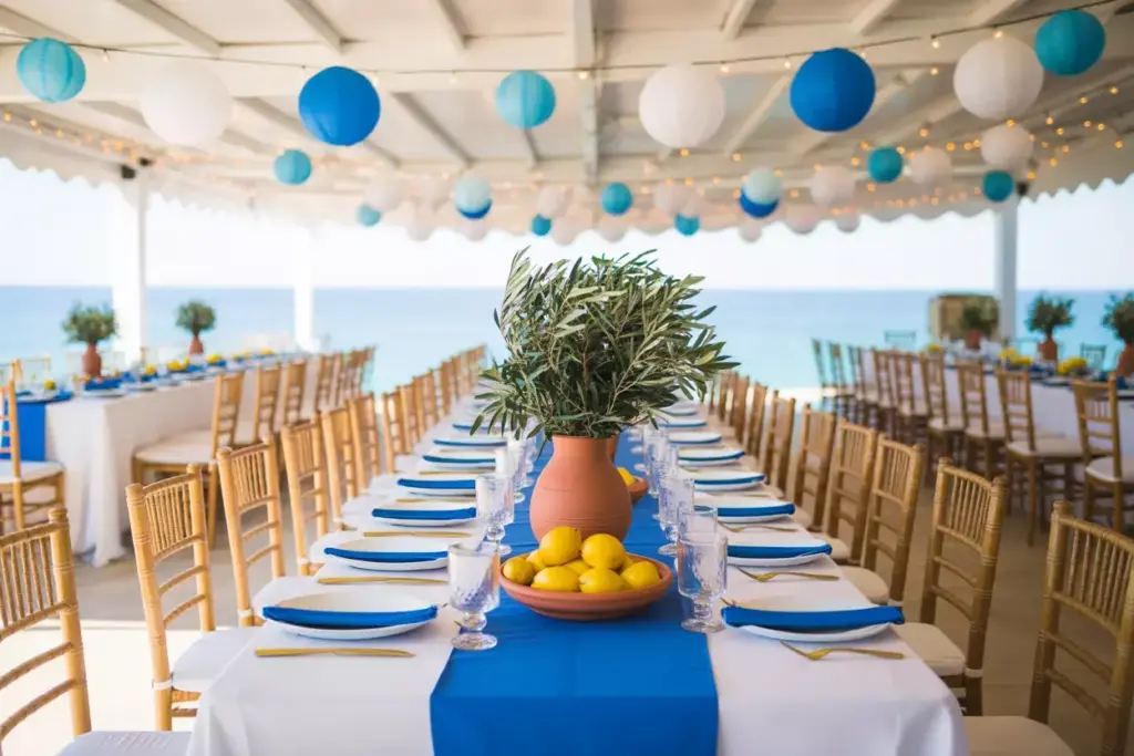 Long tables with blue runners, set for a seaside event, decorated with lemons and green plants.