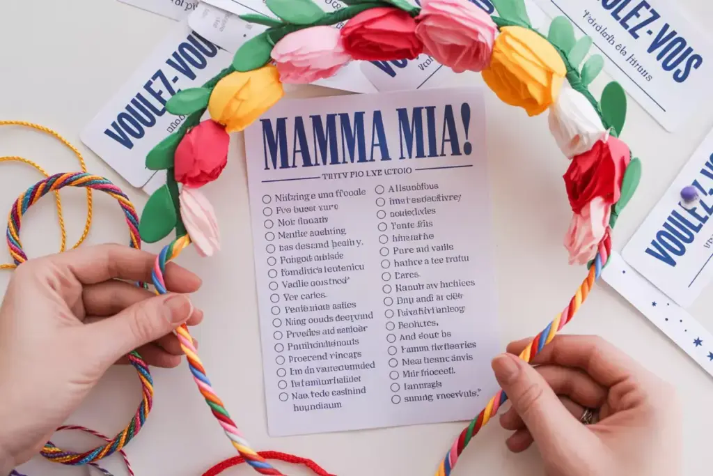 Hands hold a colorful floral crown and braided cords above a Mamma Mia! themed quiz sheet on a table.