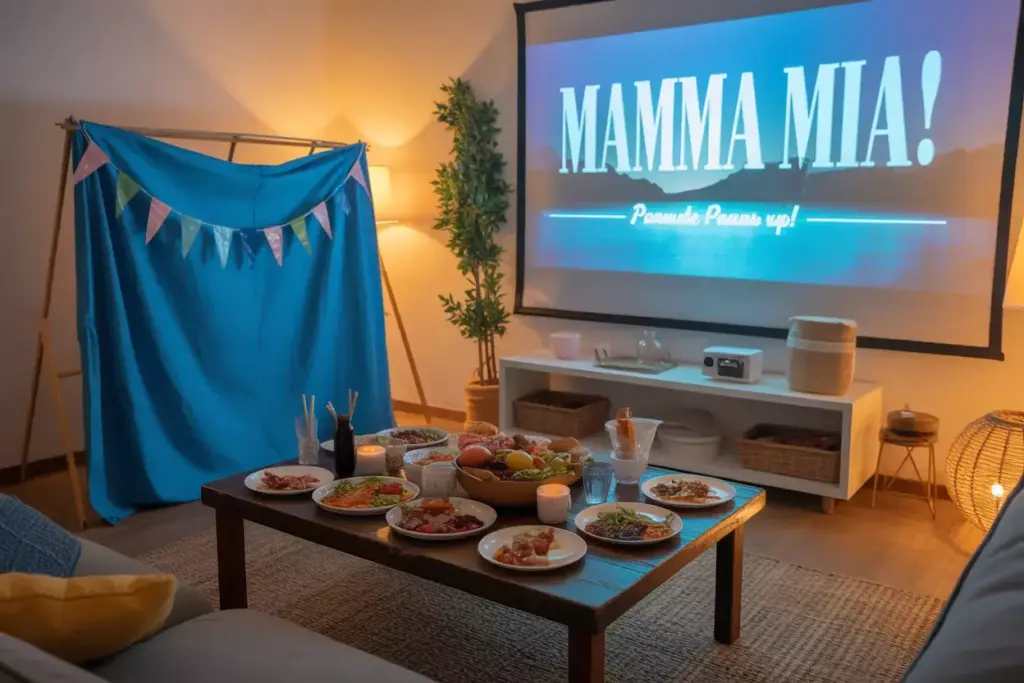 A cozy living room set up for a Mamma Mia! movie night with snacks on a table and a projector screen.
