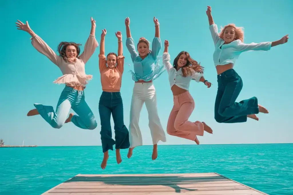 Five women joyfully jump in the air on a dock over turquoise water under a clear blue sky.