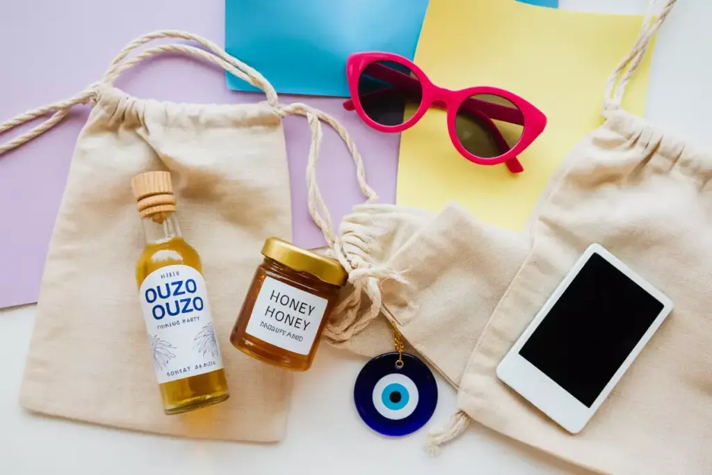 A bottle of ouzo, jar of honey, evil eye charm, pink sunglasses, and smartphone with cloth bags on pastel paper.