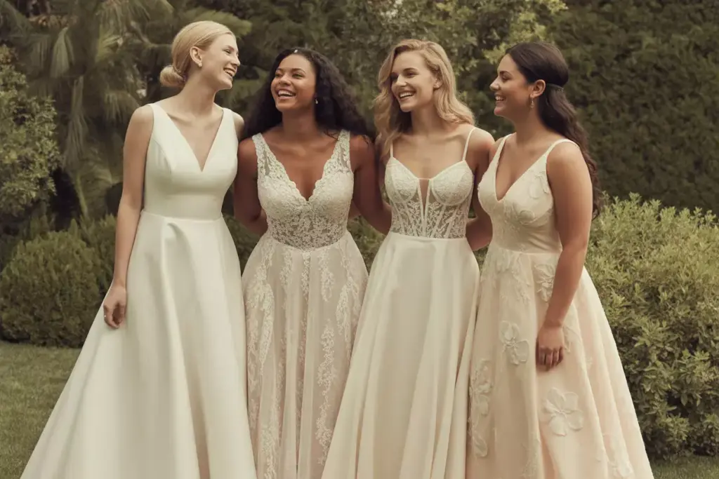 Four women in elegant wedding dresses stand outdoors, smiling and laughing together in a garden setting.