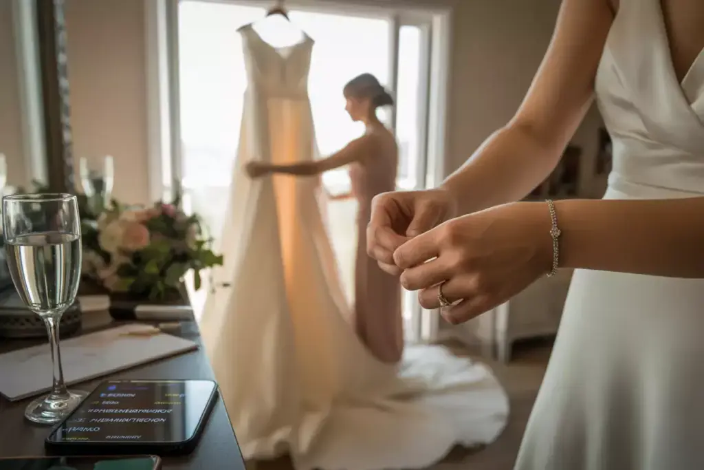 Woman adjusts bracelet as another arranges a wedding dress; champagne glass and phone on table nearby.