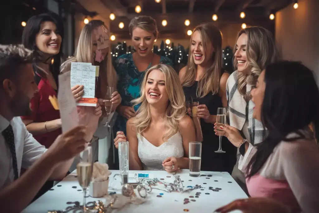 A smiling woman in a white dress is surrounded by friends at a lively party, holding drinks and laughing.