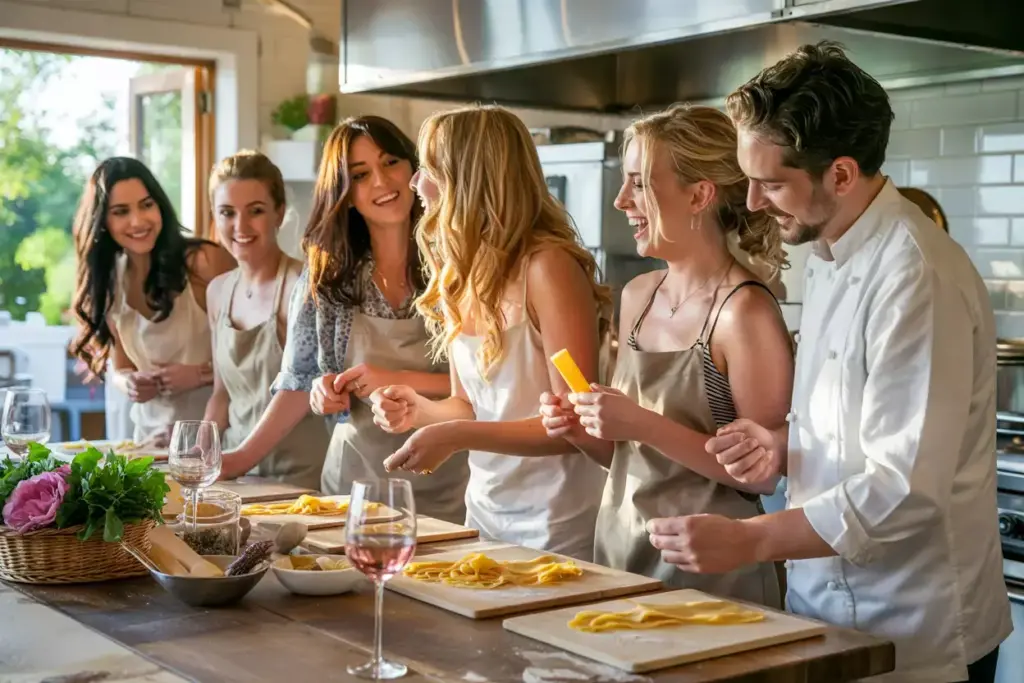 Five people in aprons laugh and make pasta together in a bright kitchen, with wine glasses on the counter.