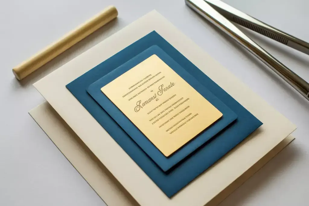 A gold wedding invitation card on layered blue and cream paper with a pen and tweezers nearby.