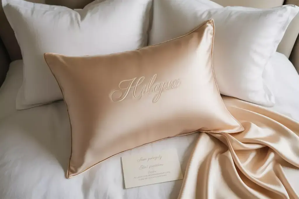 A beige satin pillow with Holague embroidered, on a bed with white pillows and a matching satin cloth.