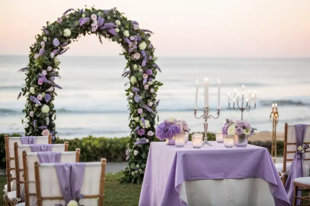 Outdoor wedding setup by the sea with a floral arch, purple décor, and a table with candles and flowers.