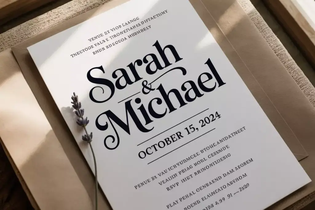 A wedding invitation card for Sarah & Michael, dated October 15, 2024, with a sprig of lavender.