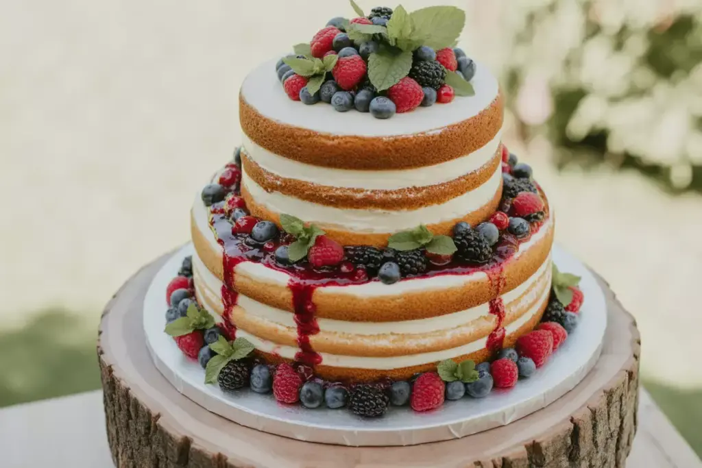 Two-tier naked cake topped with fresh berries and mint leaves, displayed on a wooden cake stand outdoors.