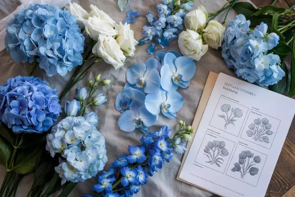 Blue and white flowers arranged on fabric next to a botanical illustration book with flower sketches.