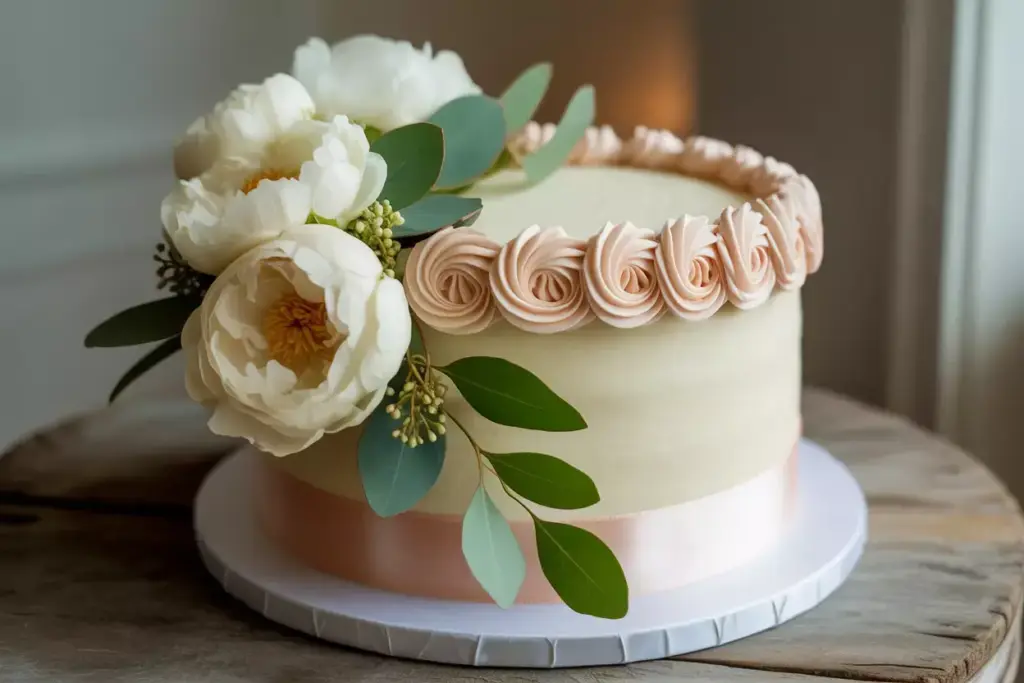 Elegant cake decorated with white flowers, green leaves, pink rosettes, and a pink ribbon on a wooden table.