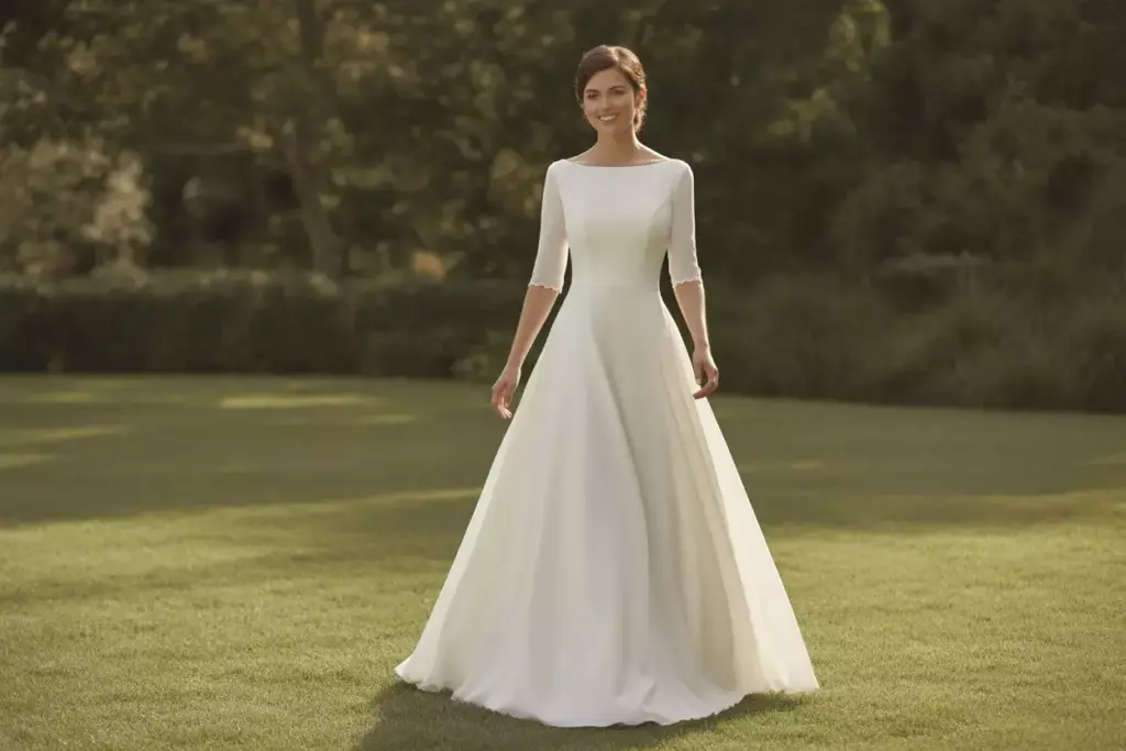 Woman in a simple, elegant white wedding dress standing on grass with trees in the background.