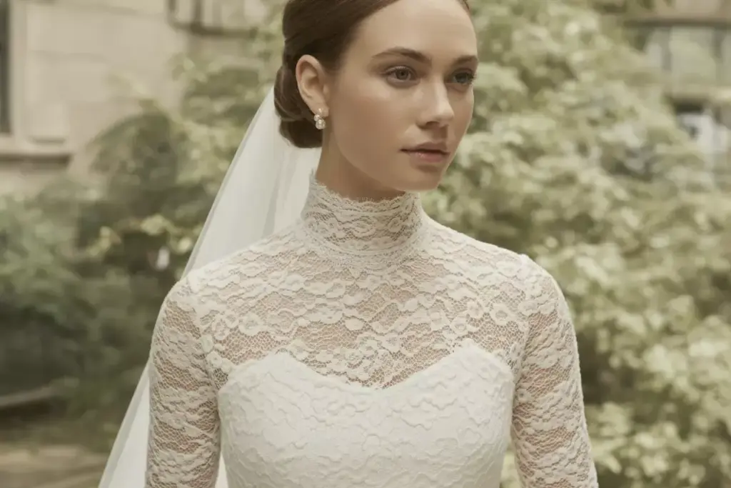 Bride in a high-neck lace wedding dress with veil, standing outdoors with greenery in the background.
