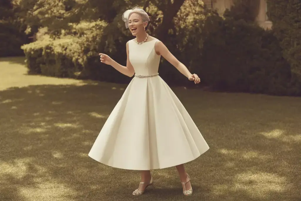 Woman in a vintage-style tea-length white dress twirls and smiles outside on a sunny day.