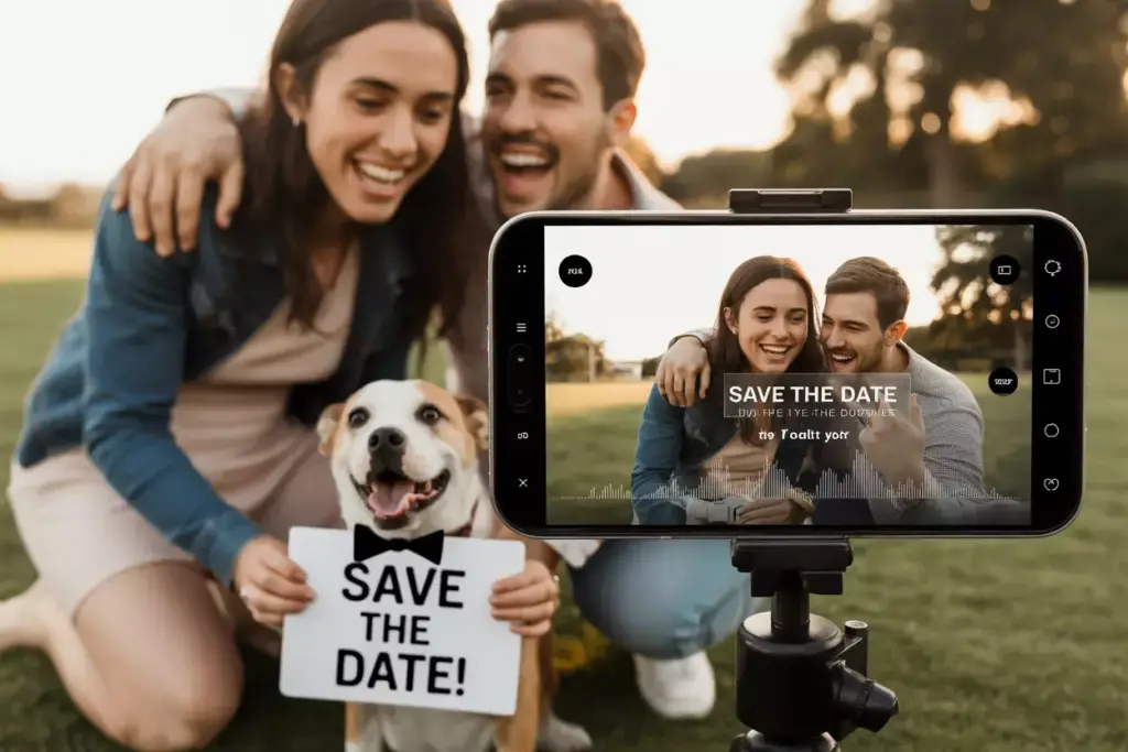 A couple and their dog hold a Save the Date sign while posing for a photo on a smartphone outdoors.