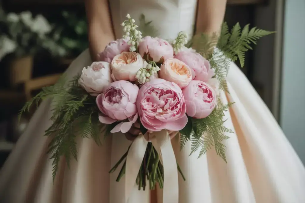 Bride in a white dress holding a bouquet of pink peonies, greenery, and white flowers.
