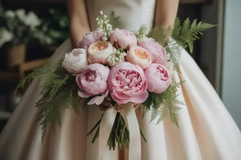 Bride in a white dress holding a bouquet of pink peonies, greenery, and white flowers.