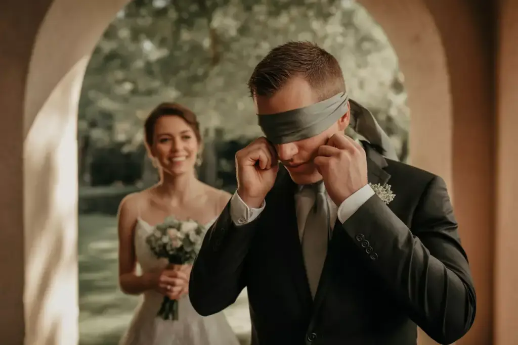 A groom in a suit removes a blindfold, while a smiling bride in a dress stands behind him holding flowers.