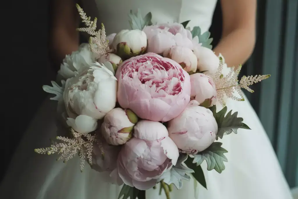 A bride holds a bouquet of pale pink and white peonies with greenery.