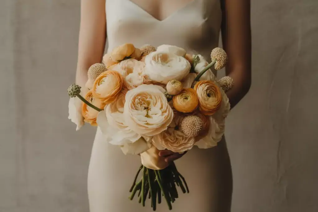 A woman in a cream dress holds a bouquet of white and yellow flowers against a neutral background.