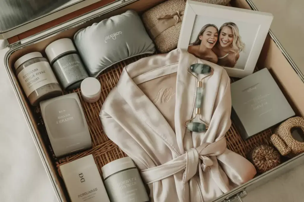 Open suitcase with skincare products, a satin robe, a jade roller, and a framed photo of two smiling women.