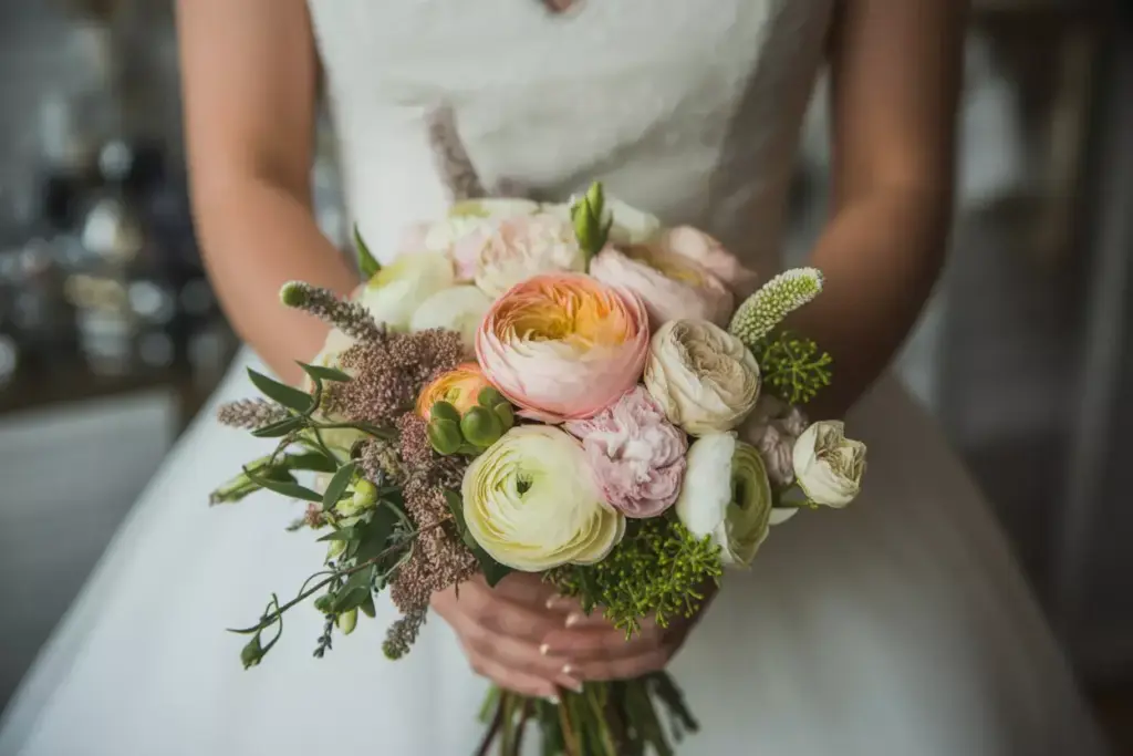 Bride in a white dress holding a bouquet of pastel-colored flowers and greenery.
