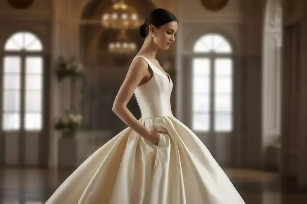 Woman in an elegant white ball gown stands in a grand room with arched windows and chandeliers.