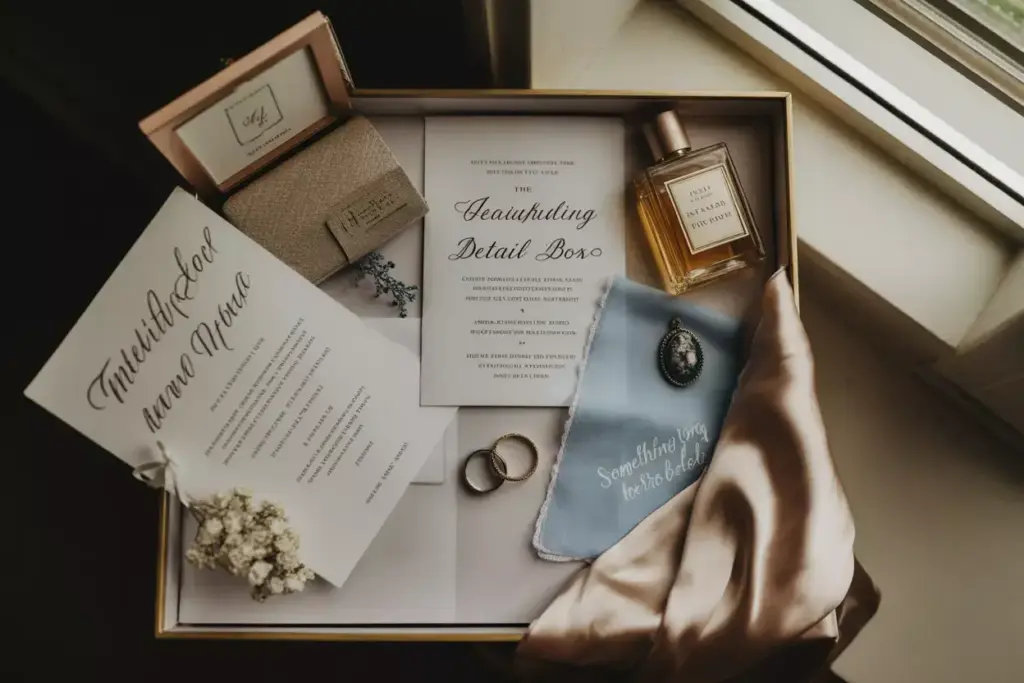 Flat lay of wedding invitations, rings, perfume, a blue cloth, jewelry, and a silk ribbon in a gift box.