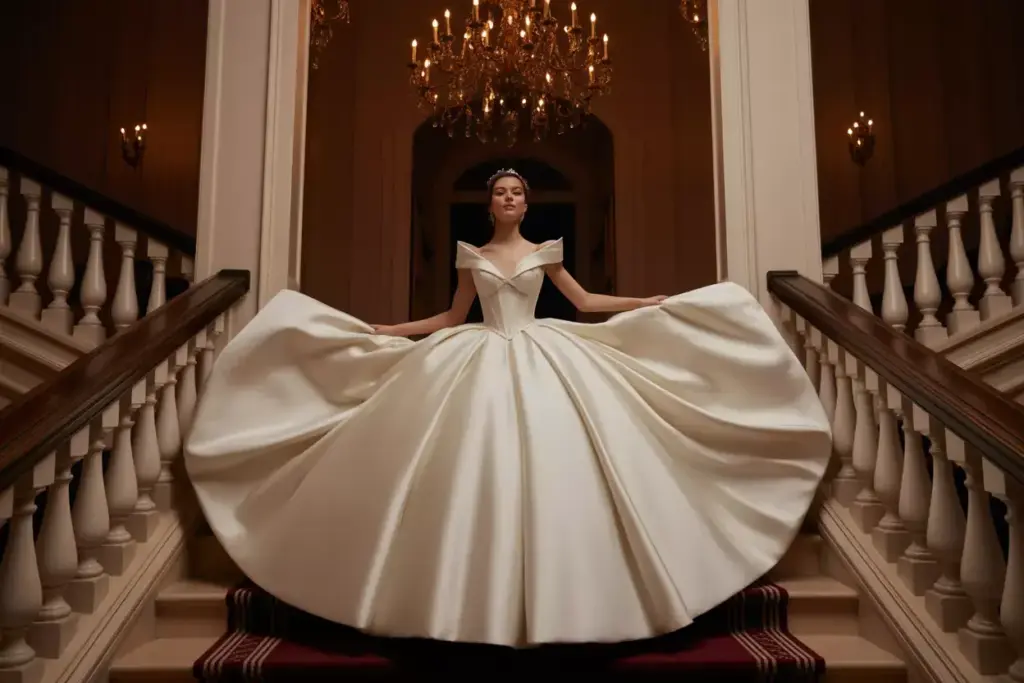 A woman in an elegant white ball gown poses on a grand staircase beneath a chandelier.