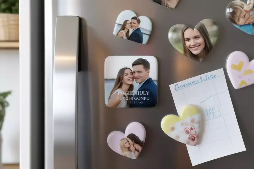 Fridge with heart-shaped photo magnets, a square photo magnet, and a handwritten grocery list.