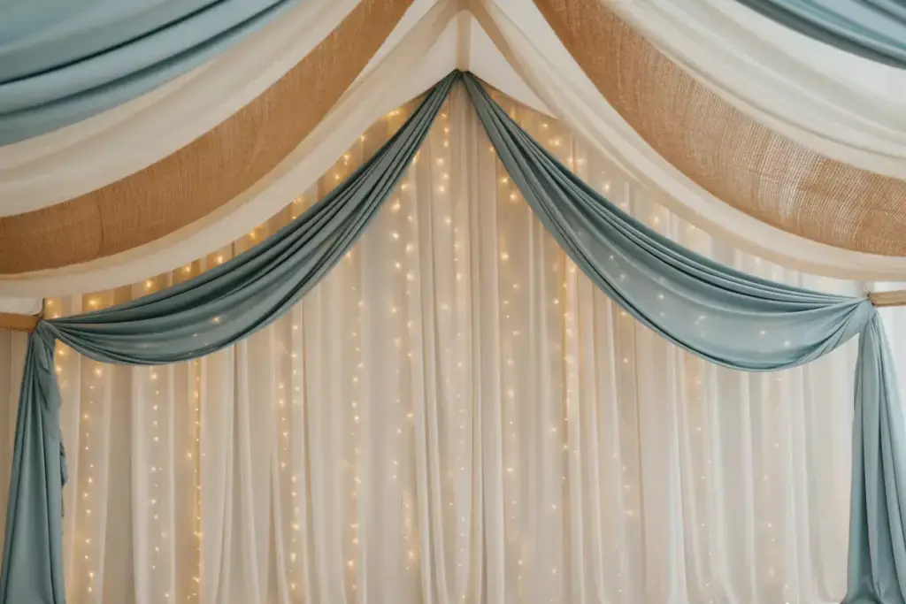Elegant draped fabric in white, teal, and gold with string lights hanging in the background.