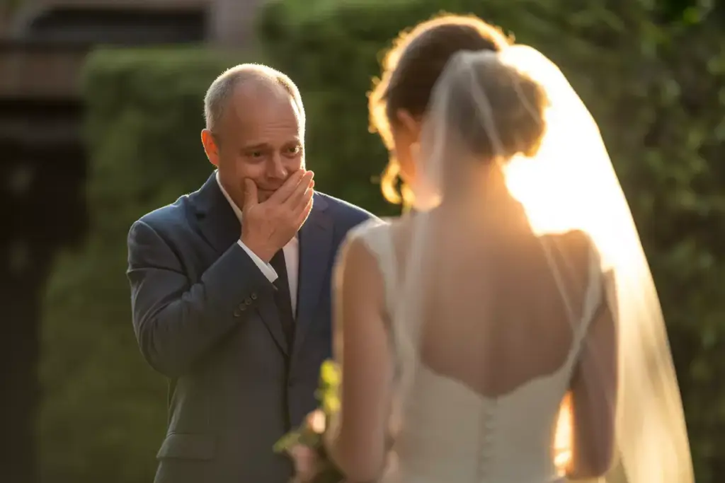 A man in a suit reacts emotionally as he sees a bride in a white dress and veil outdoors.