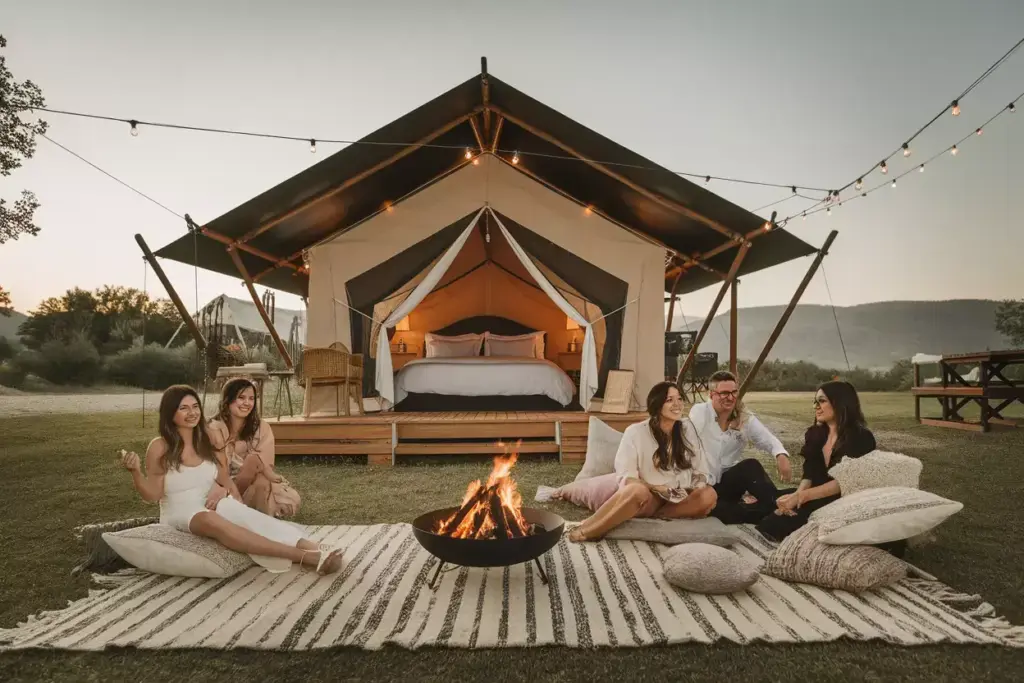 Five people sitting on a rug by a fire pit, glamping in front of a large canvas tent at sunset.