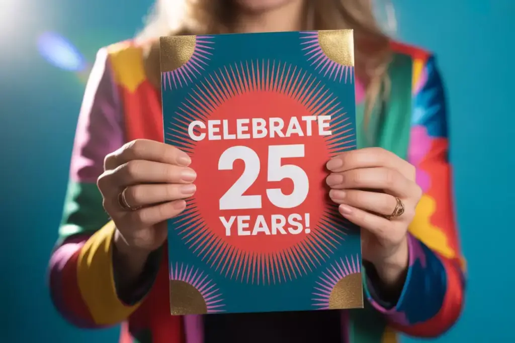Person holding a card that says Celebrate 25 Years! against a colorful background.