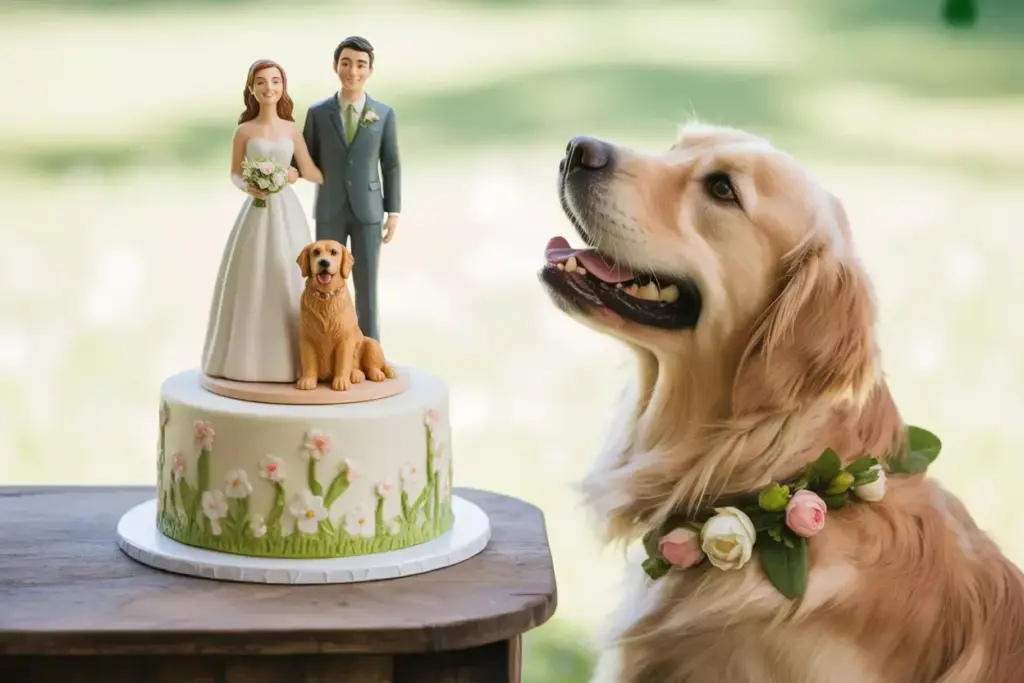 Golden retriever with a flower collar sits beside a wedding cake with bride, groom, and dog toppers.