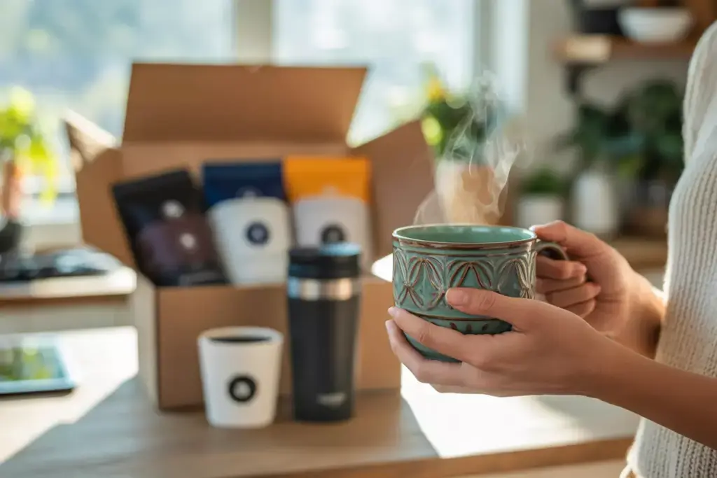 Person holding a steaming mug with coffee packets, cups, and a box on a kitchen counter in the background.