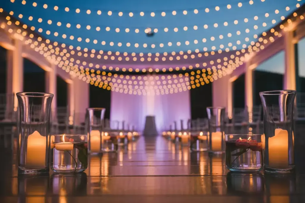 A wedding aisle lined with candles, under string lights at dusk, with chairs arranged on both sides.