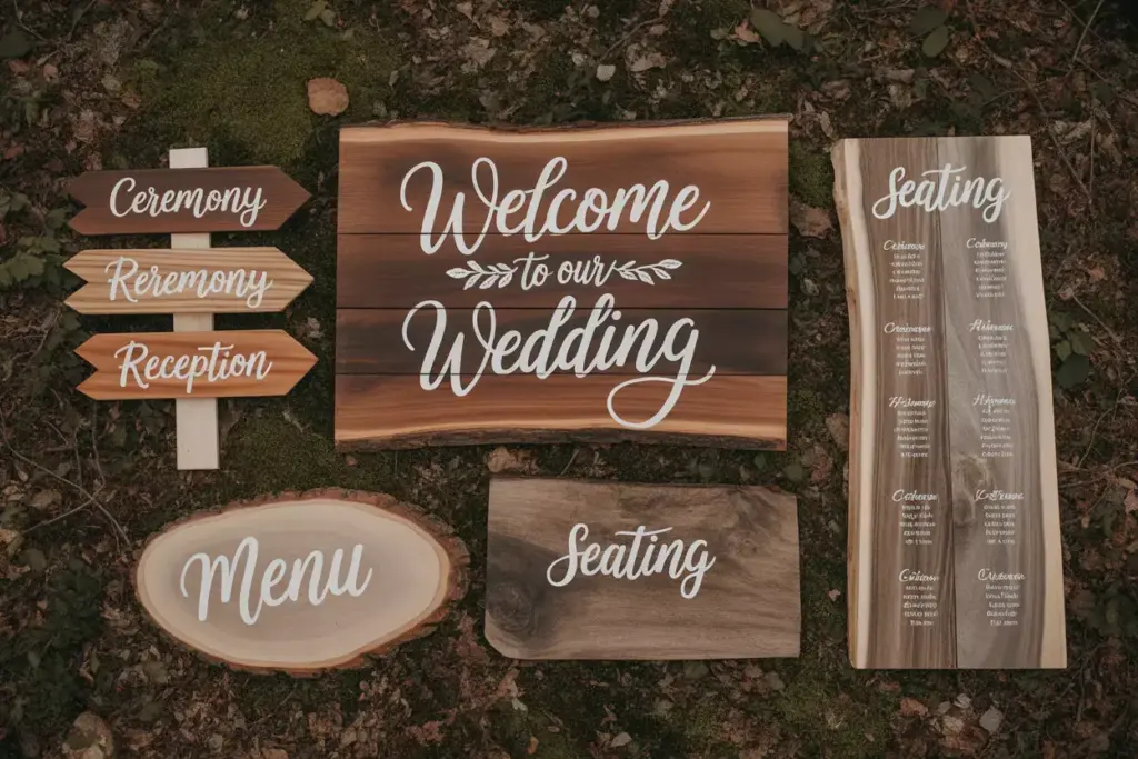 Rustic wooden wedding signs show directions, welcome message, menu, and seating chart on a forest floor.