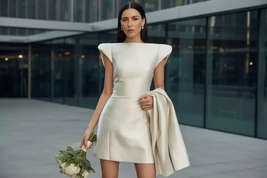 Woman in a short, structured white dress holding a bouquet and a coat, standing outside a modern building.