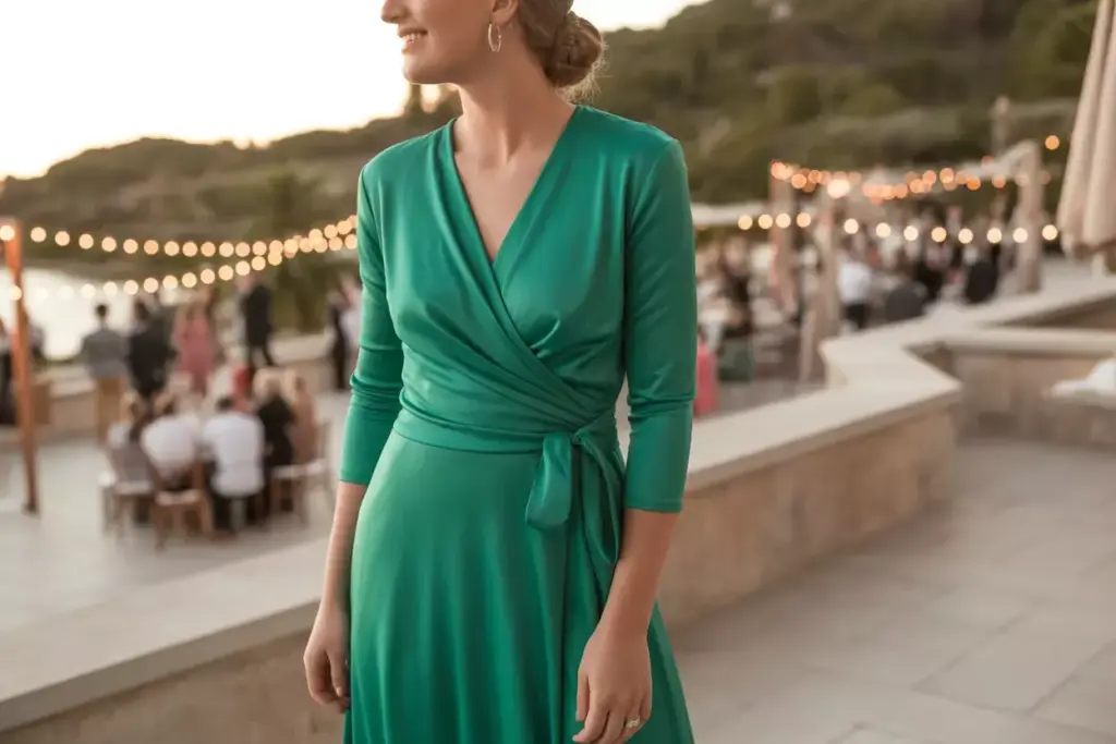 Woman in a green wrap dress stands outdoors at an event with string lights and people in the background.